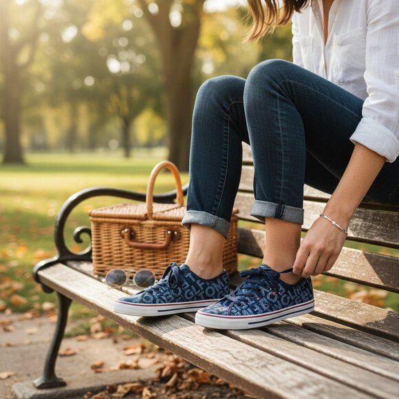 Tommy Hilfiger souliers plats femme pointure 8 textile bleu marine avec logo - Picture 1 of 7
